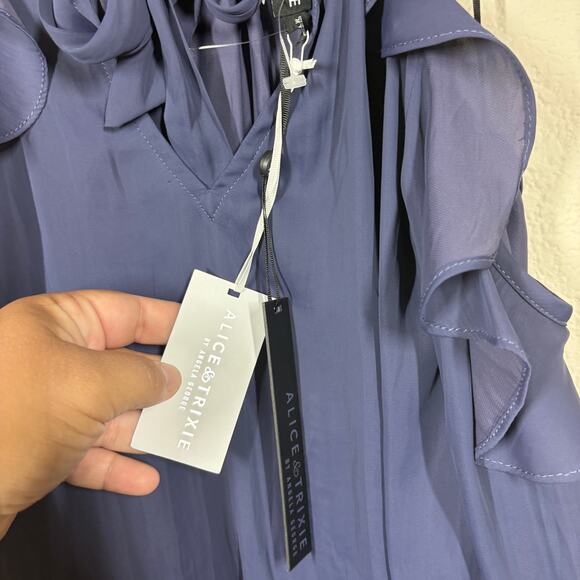 Alice & Trixie Medium Crepe Cold Shoulder Blouse Navy Ruffle Tie Back - Picture 8 of 9